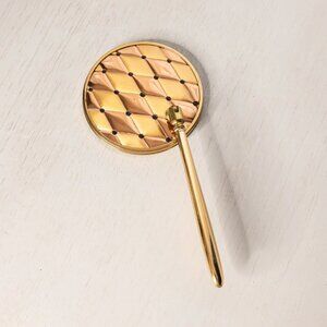 Vintage Gold Tone Metal Handheld Mirror with Diamond Designs